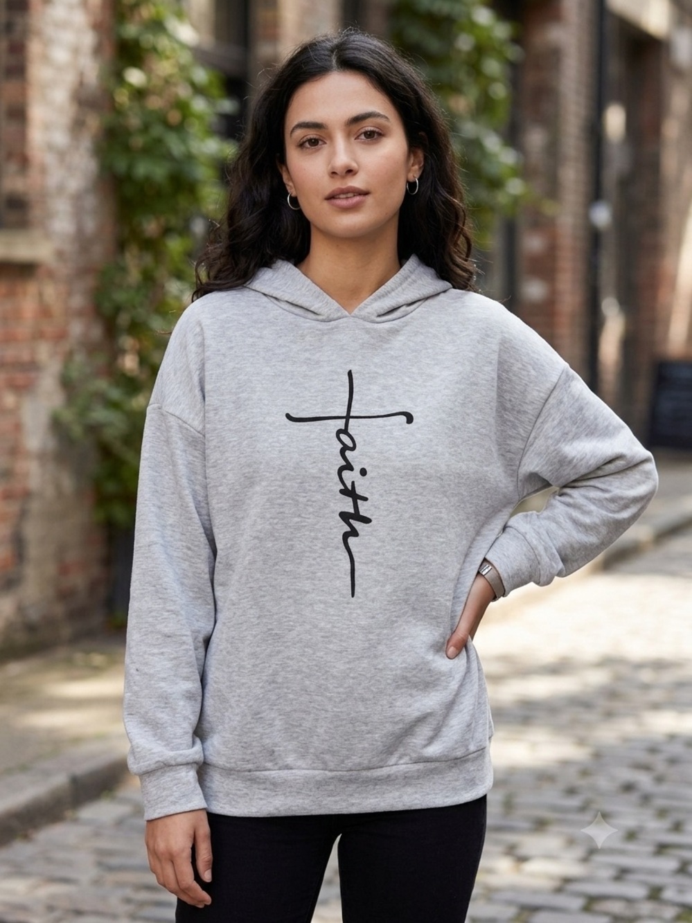 SHEILAY Light Gray Crewneck Hoodie with 'Faith' Cross Graphic, Women’s Size XL